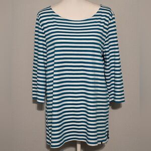 Land's End Pima Cotton Boat Neck 3/4 Sleeve Blue and White Tee